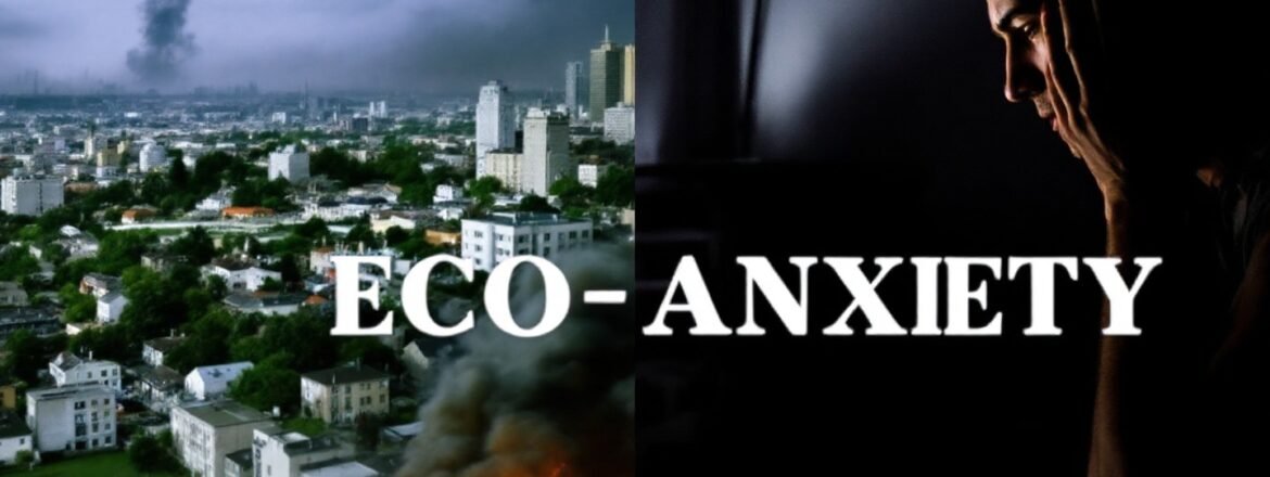 Representación de la ansiedad nuclear y la eco-ansiedad sentida por la guerra en Europa, mostrando preocupación global.