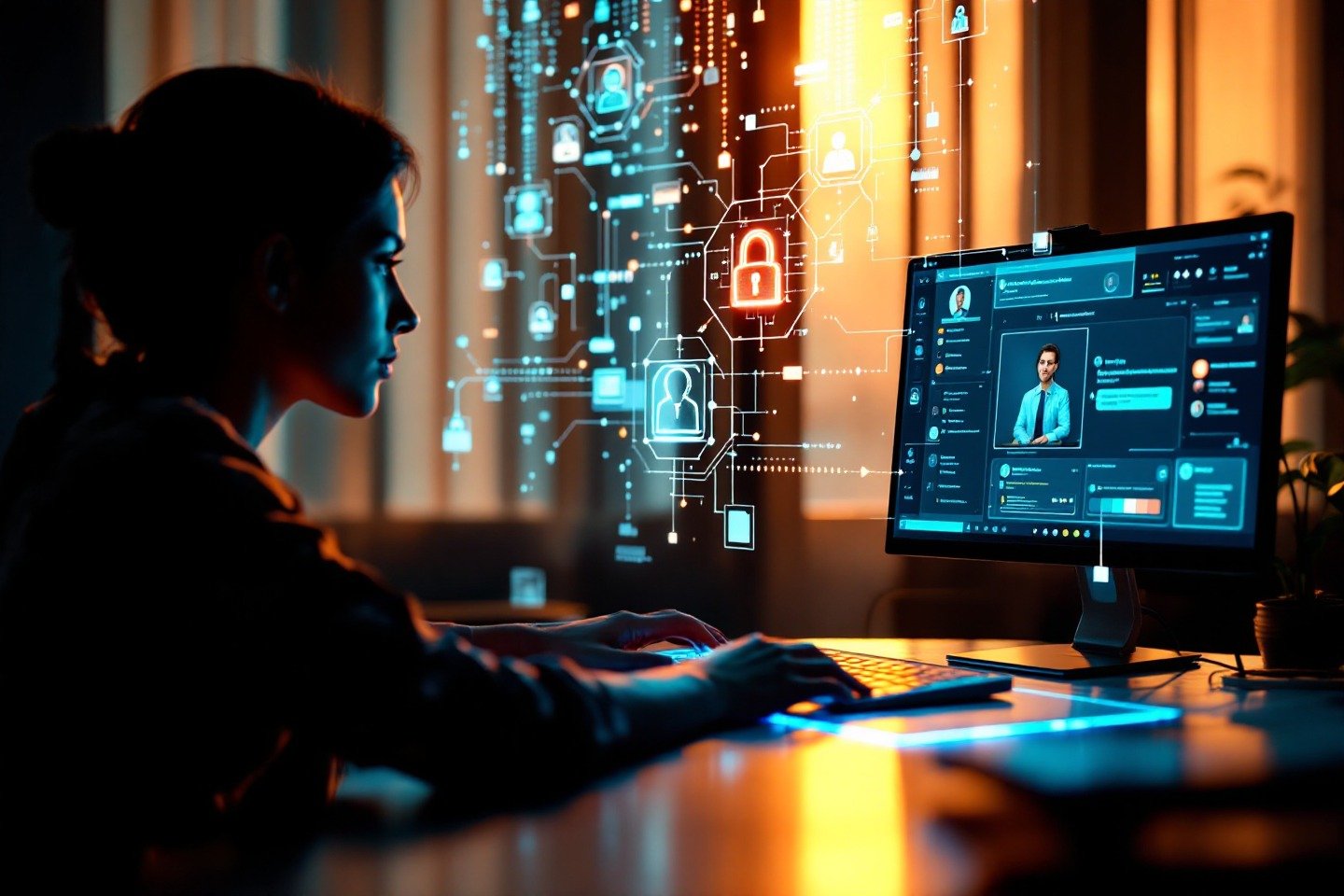 Una ilustración de una conversación digital con un psicólogo IA, mostrando datos cifrados encriptados para garantizar la confidencialidad en terapia online.