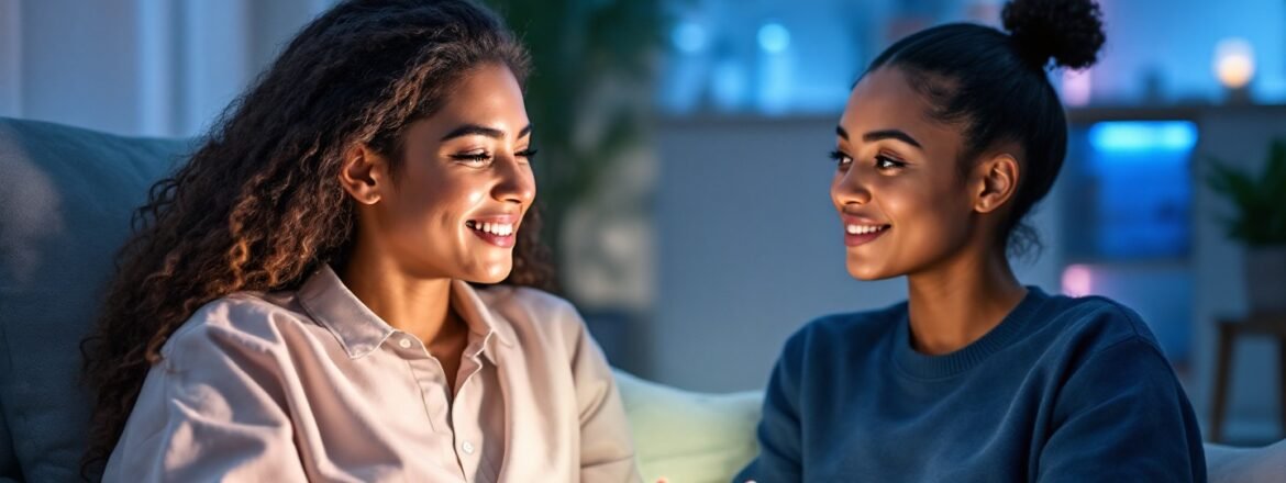 Una ilustración de dos personas, una chateando con un terapeuta humano y la otra con una IA, representando la elección entre un psicólogo online vs IA.