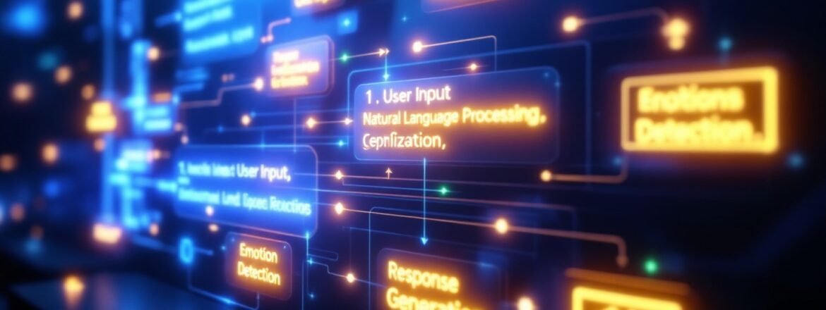 Un diagrama de flujo que muestra cómo el texto del usuario es procesado por un chatbot psicológico a través de la inteligencia artificial emocional.