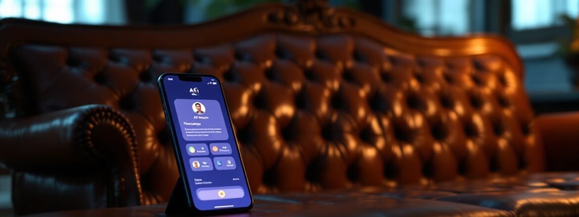 Un diseño visual que compara un diván de terapia tradicional con un teléfono inteligente, simbolizando la evolución psicología y la transición de la terapia tradicional a la terapia con IA.