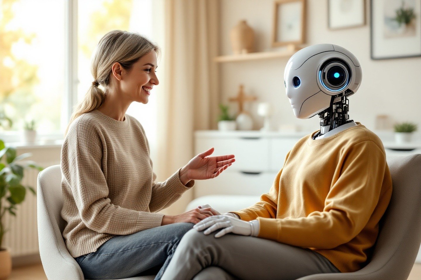 Un dibujo de un terapeuta humano y un robot de IA trabajando juntos para ayudar a una persona, ilustrando la colaboración de la IA en salud mental.