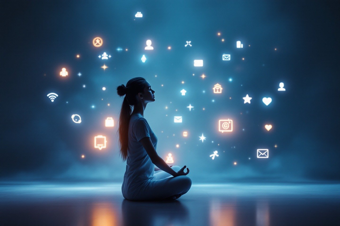 Una persona sentada en posición de meditación, rodeada de iconos digitales flotantes, mostrando cómo un psicólogo IA ansiedad ayuda a gestionar el estrés digital.