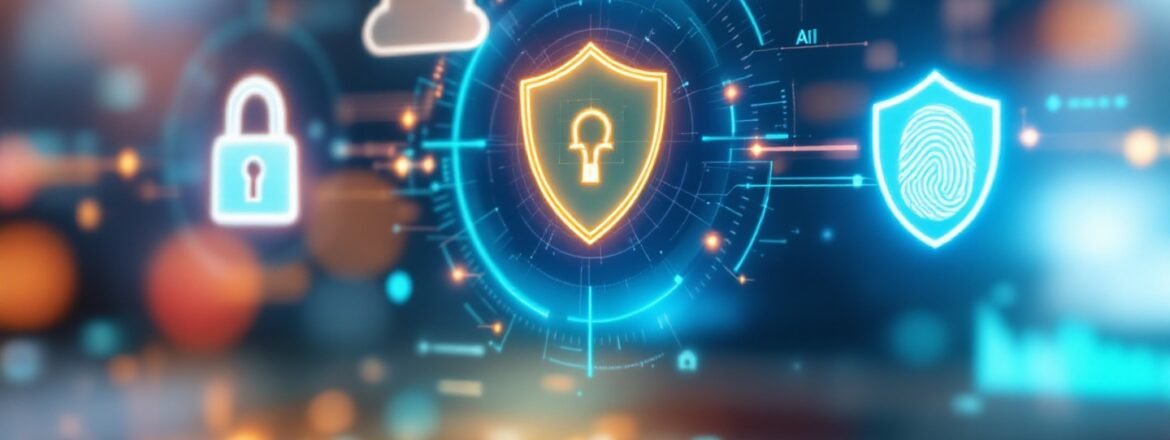 Un diseño gráfico con iconos de candado, escudo y huella digital, simbolizando la seguridad IA psicología y la confidencialidad en terapia online.