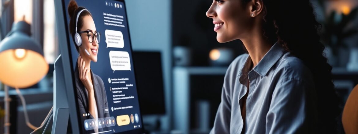 Una persona chateando con un chatbot de terapia con IA en una pantalla de ordenador, mostrando la accesibilidad de la salud mental digital.